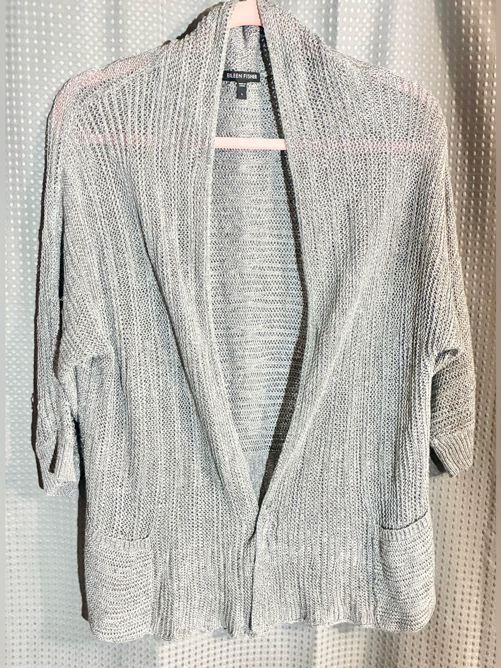 Eileen Fisher Linen & Silk Open Cardigan Sweater Sz L Lightweight Dolman Pocket